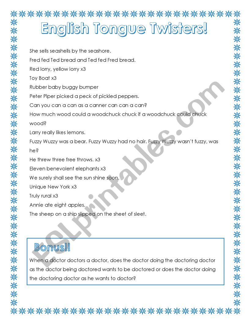 ESL Tongue Twisters worksheet