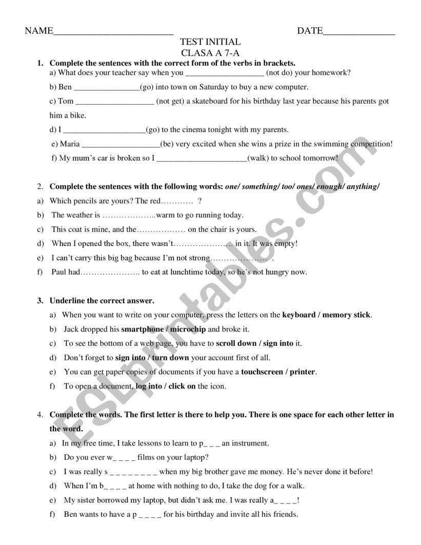 English test for pre-intermediate students