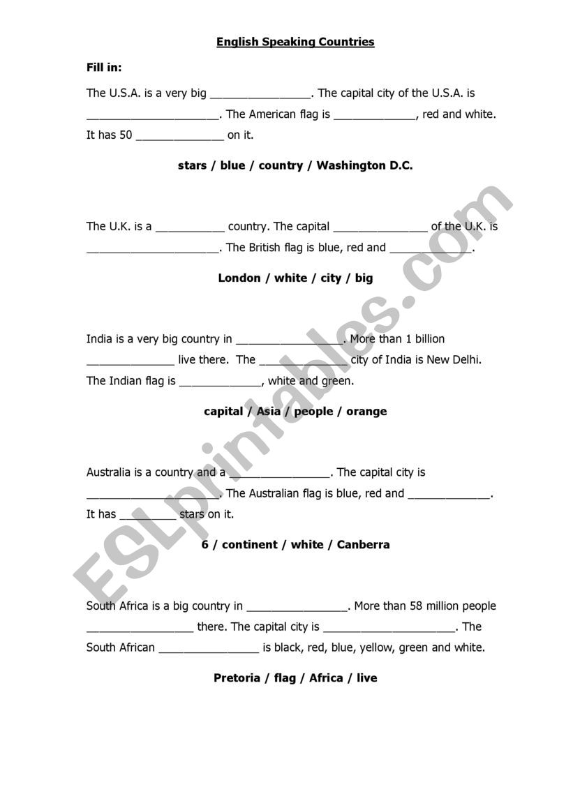 English Speaking Countries worksheet