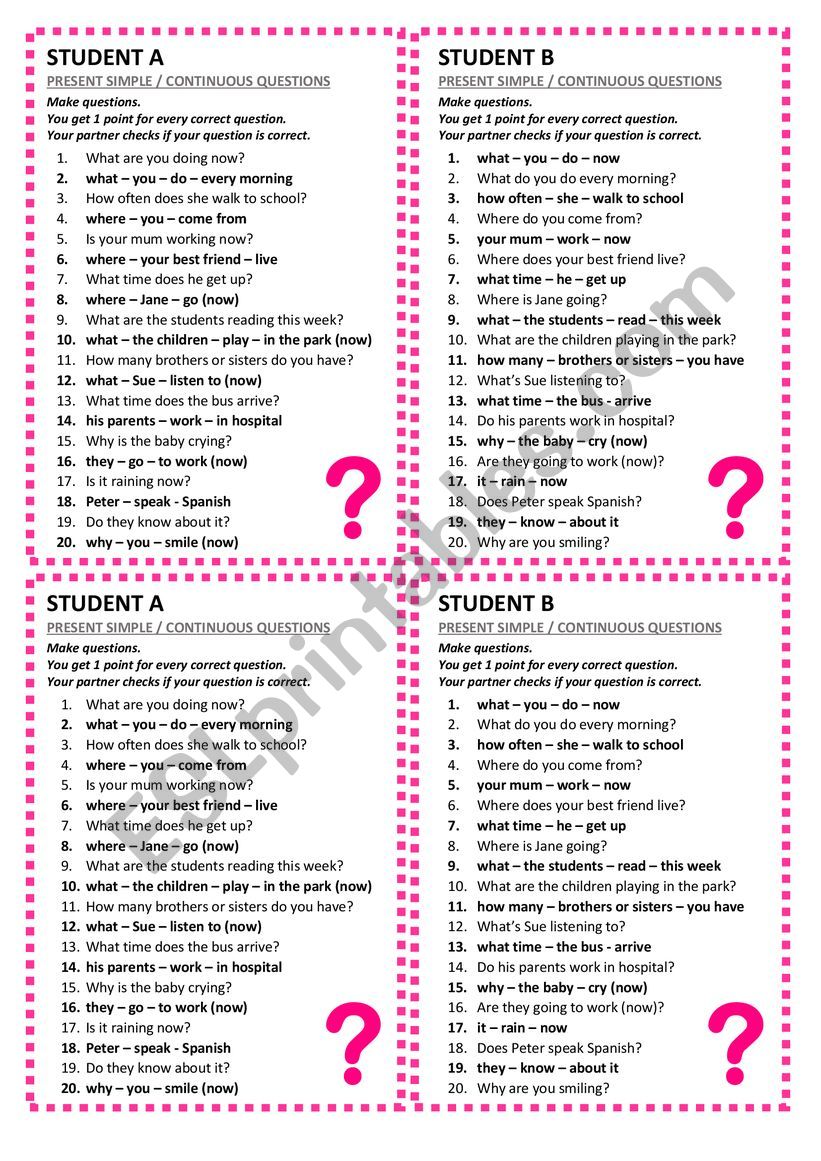 Present Simple vs Continuous questions -  pair work