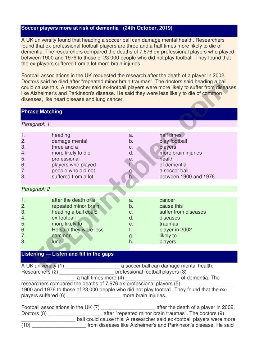 Dimentia worksheet