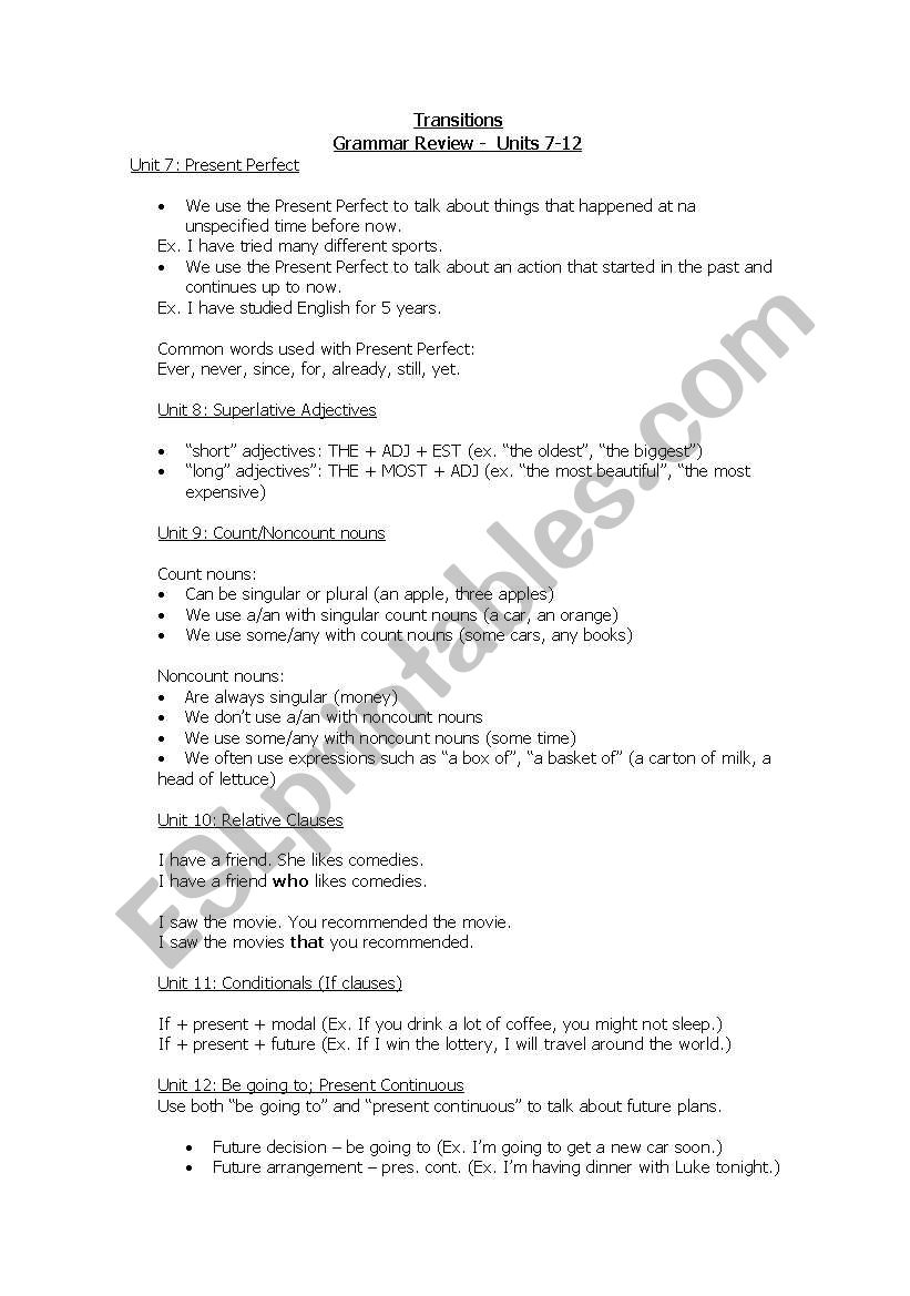 Transitions 2 - summary worksheet