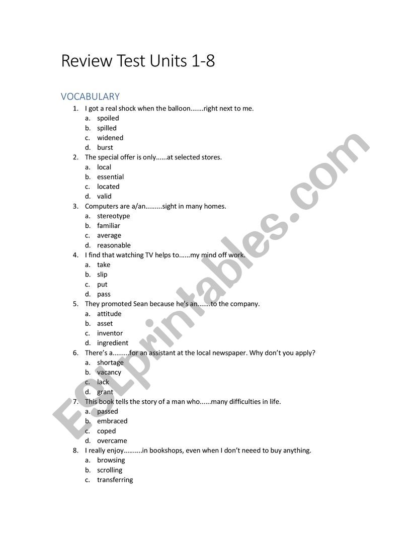 Vocabulary Revision worksheet