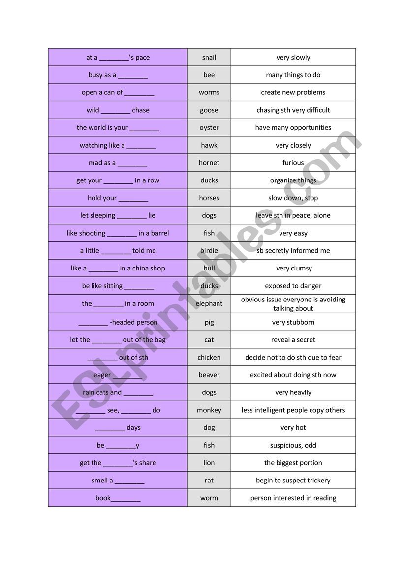 Animal idioms worksheet