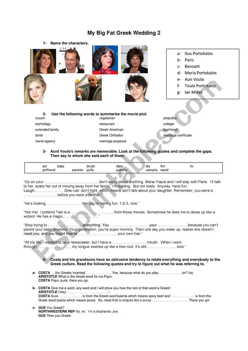 My Big Fat Greek Wedding 2 worksheet