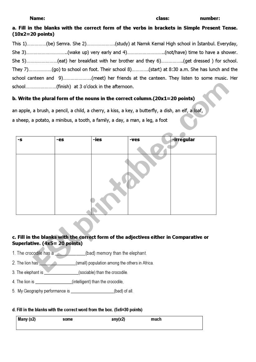 revision test for 9th grade worksheet