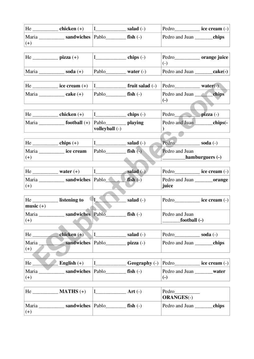 likes and dislikes worksheet