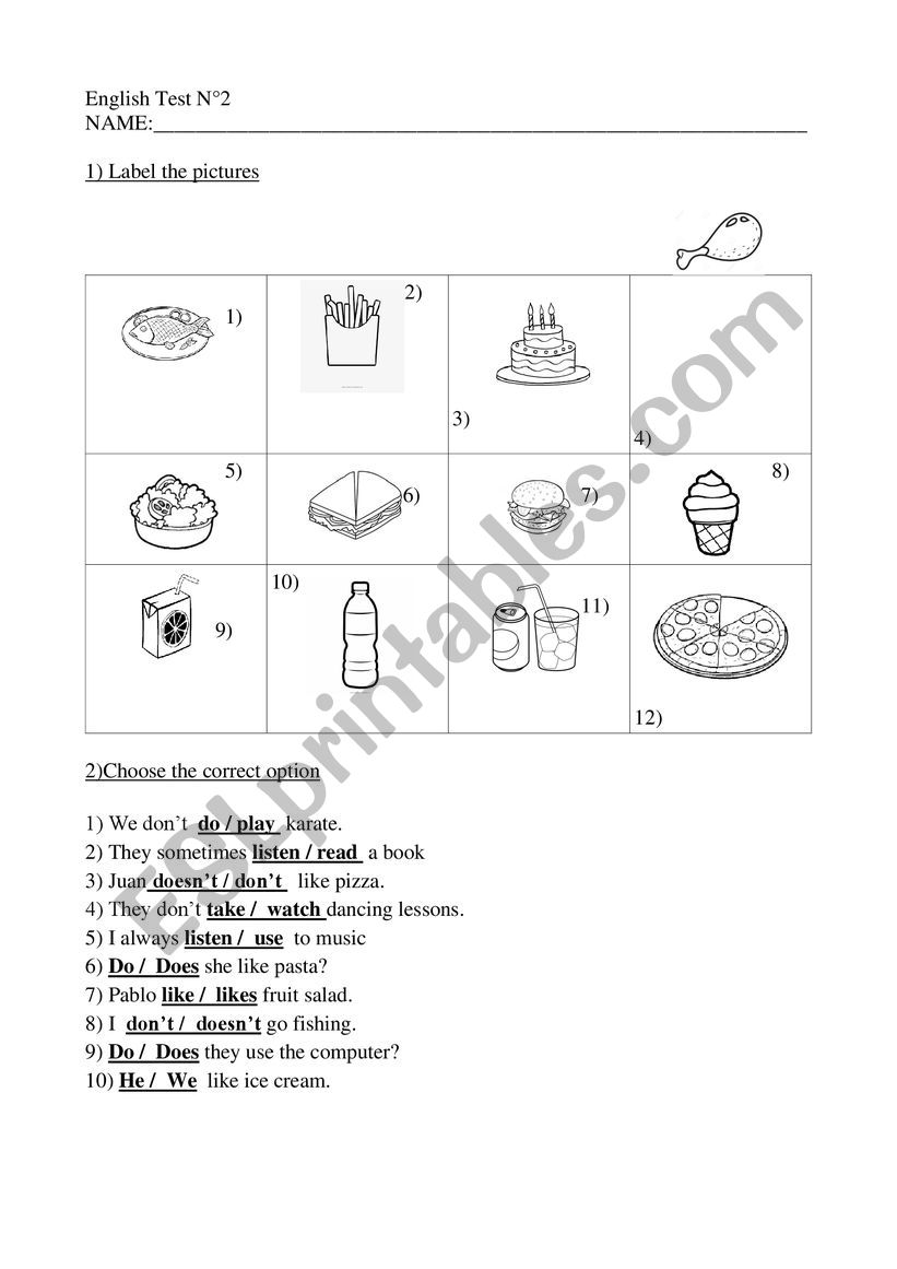 Food and Present simple test worksheet