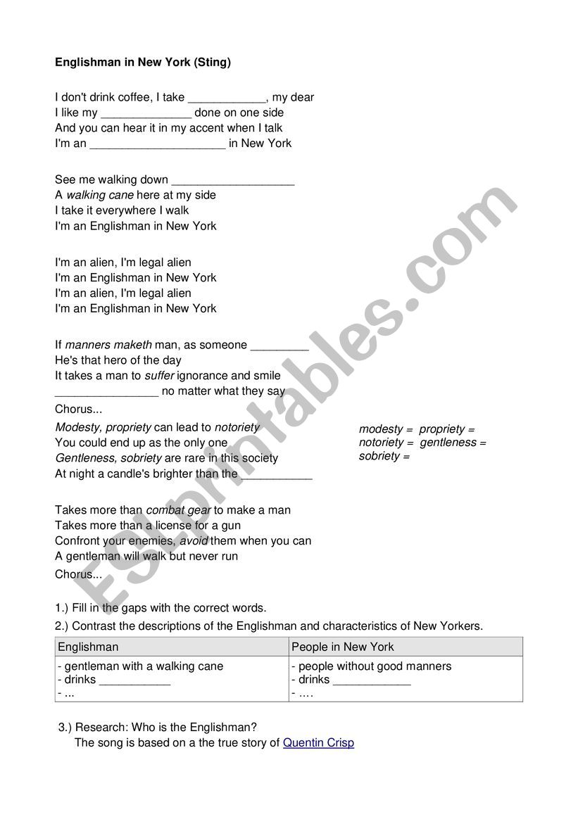 Englishman worksheet