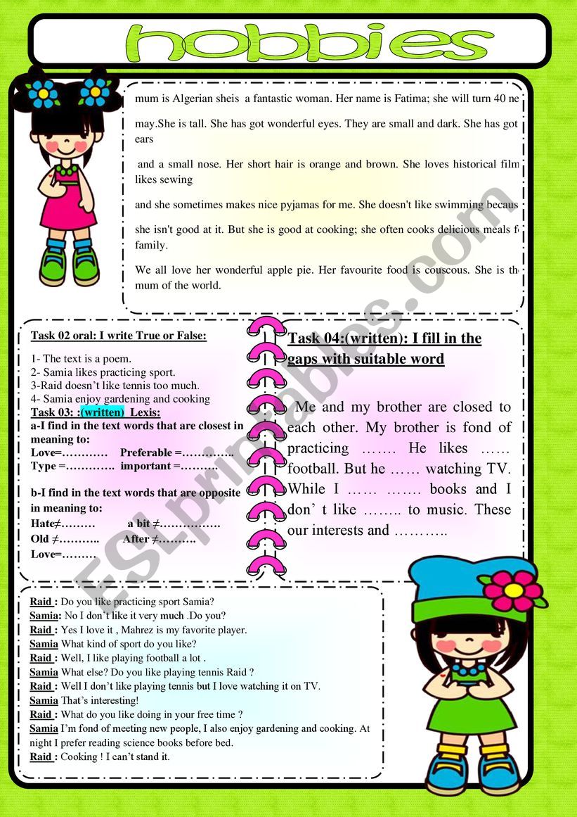  hobbies worksheet