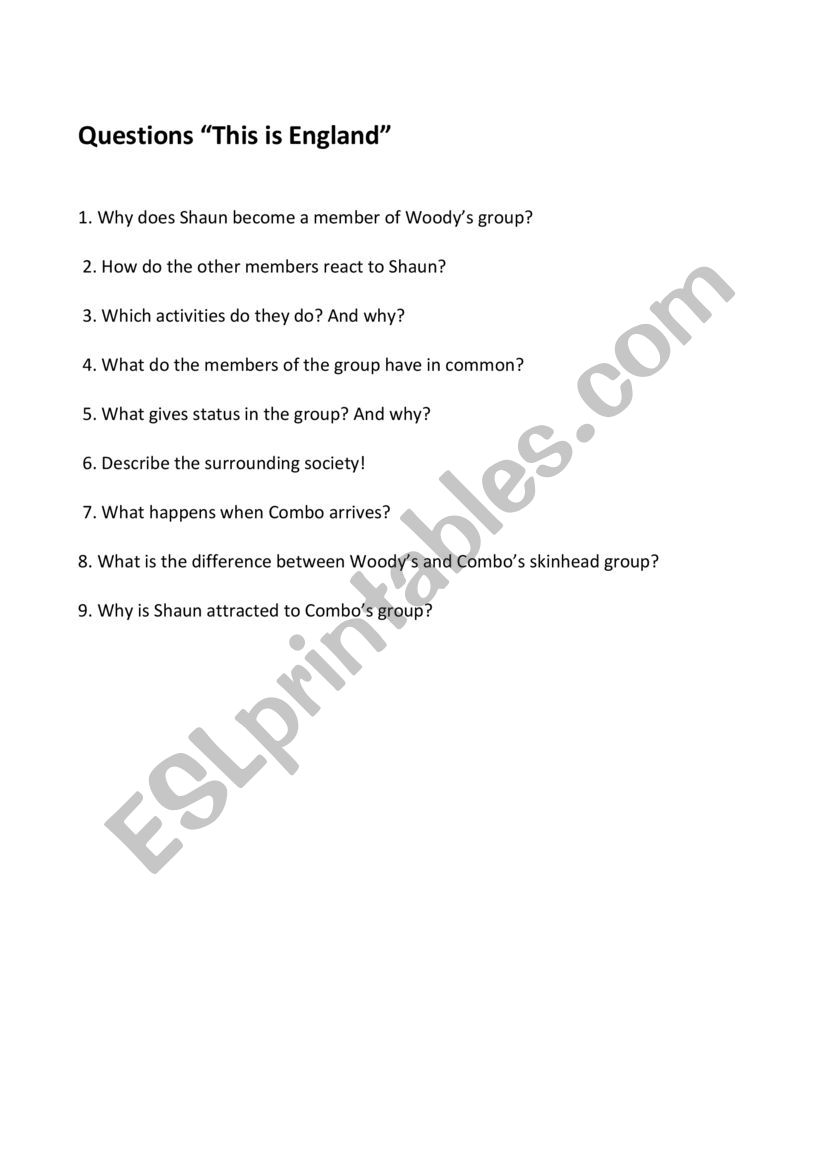 This is England - questions worksheet