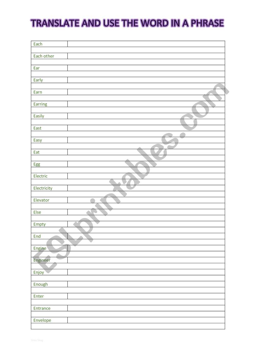 A2 Vocabulary chart (E) worksheet