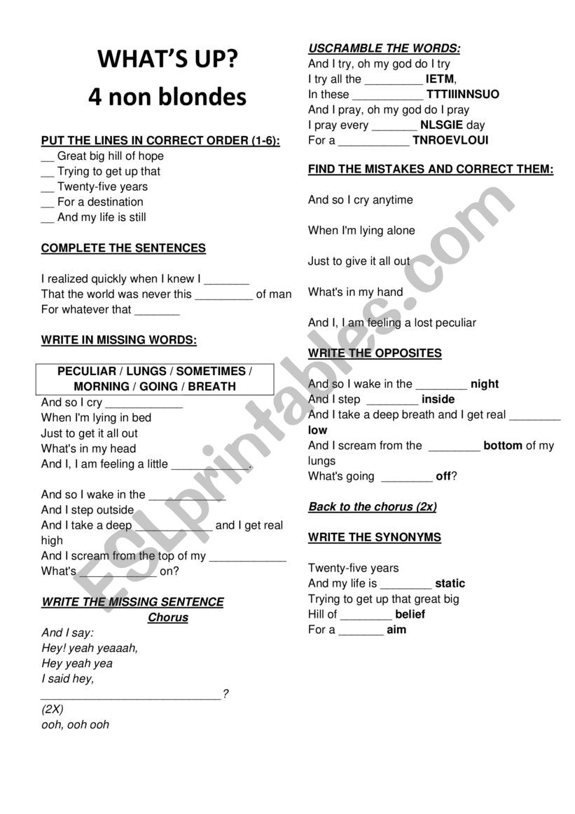 4 non blondes what´s up lyrics worksheet ESL worksheet by directwc