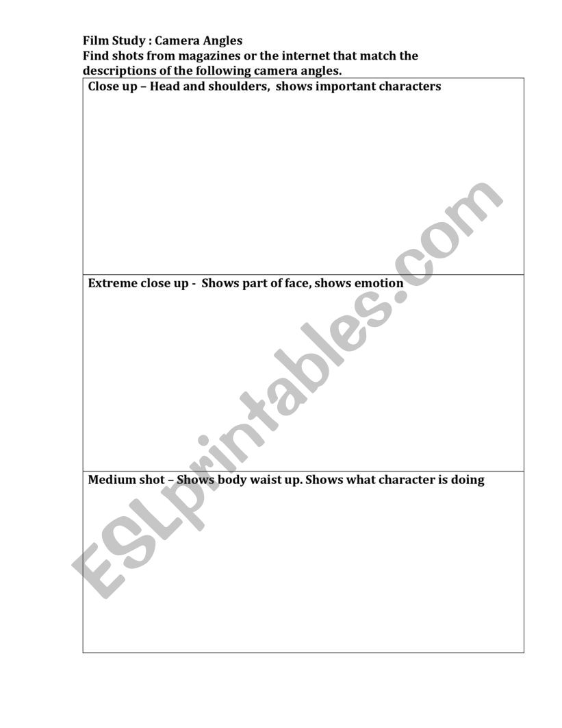 Camera Angles template worksheet