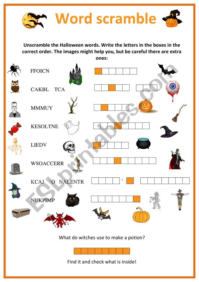Halloween word scramble worksheet