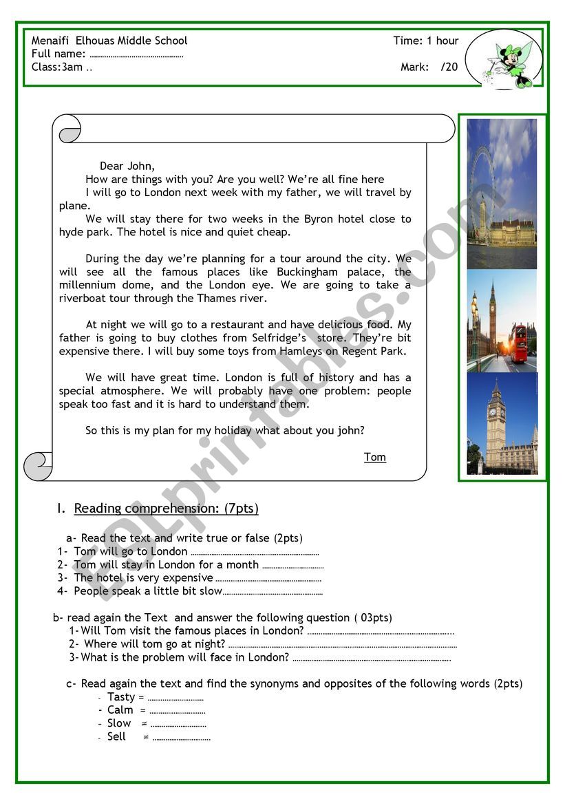 A tour in London worksheet