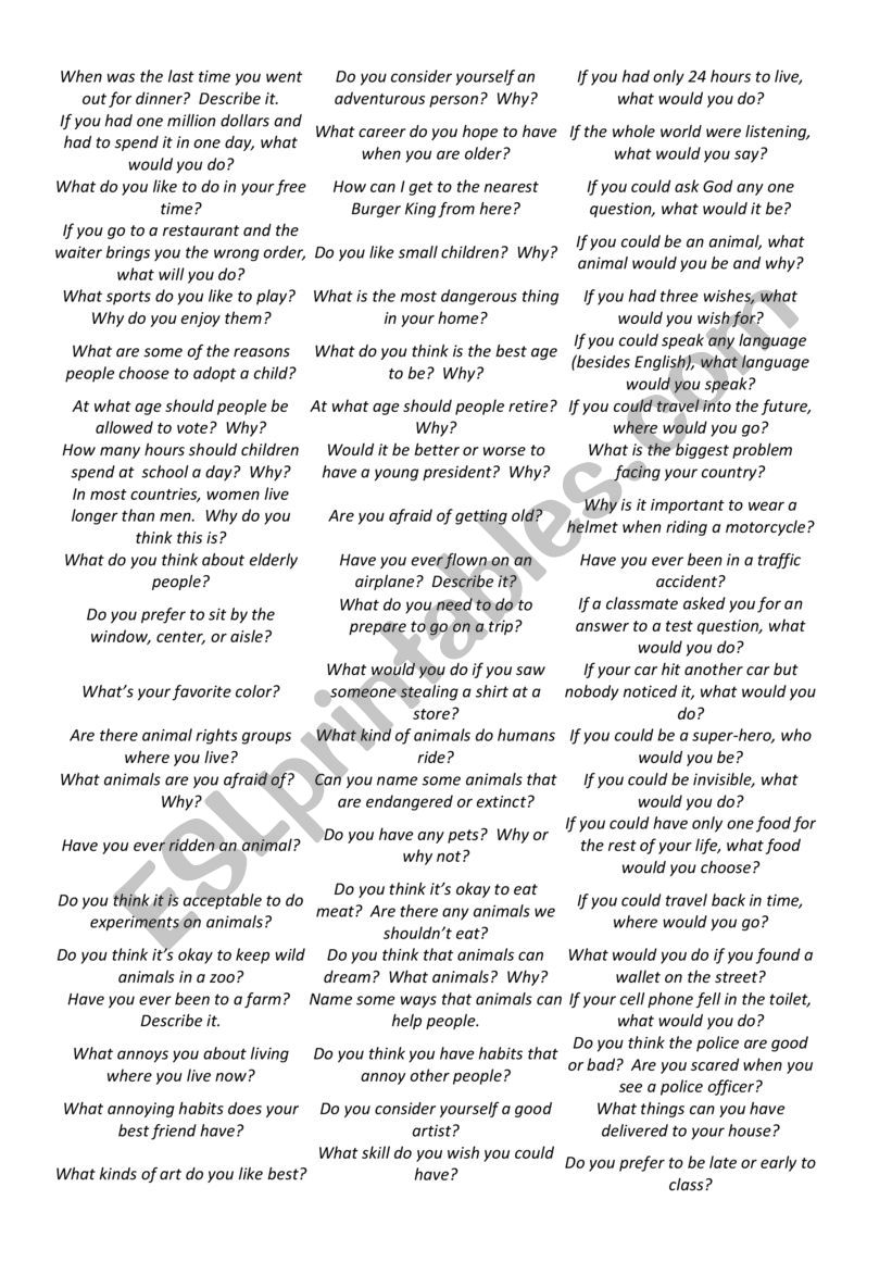 talking about - questions worksheet