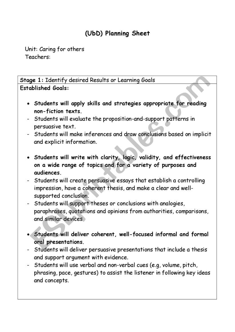 UBD worksheet