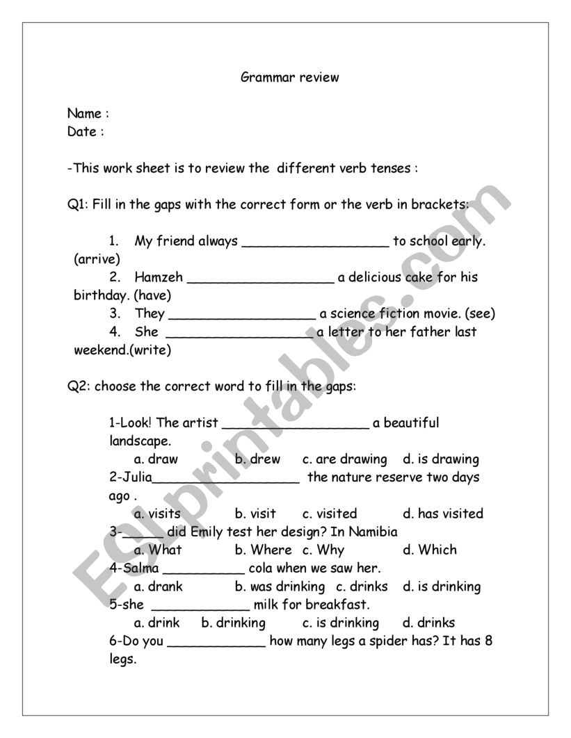 grammar review  worksheet