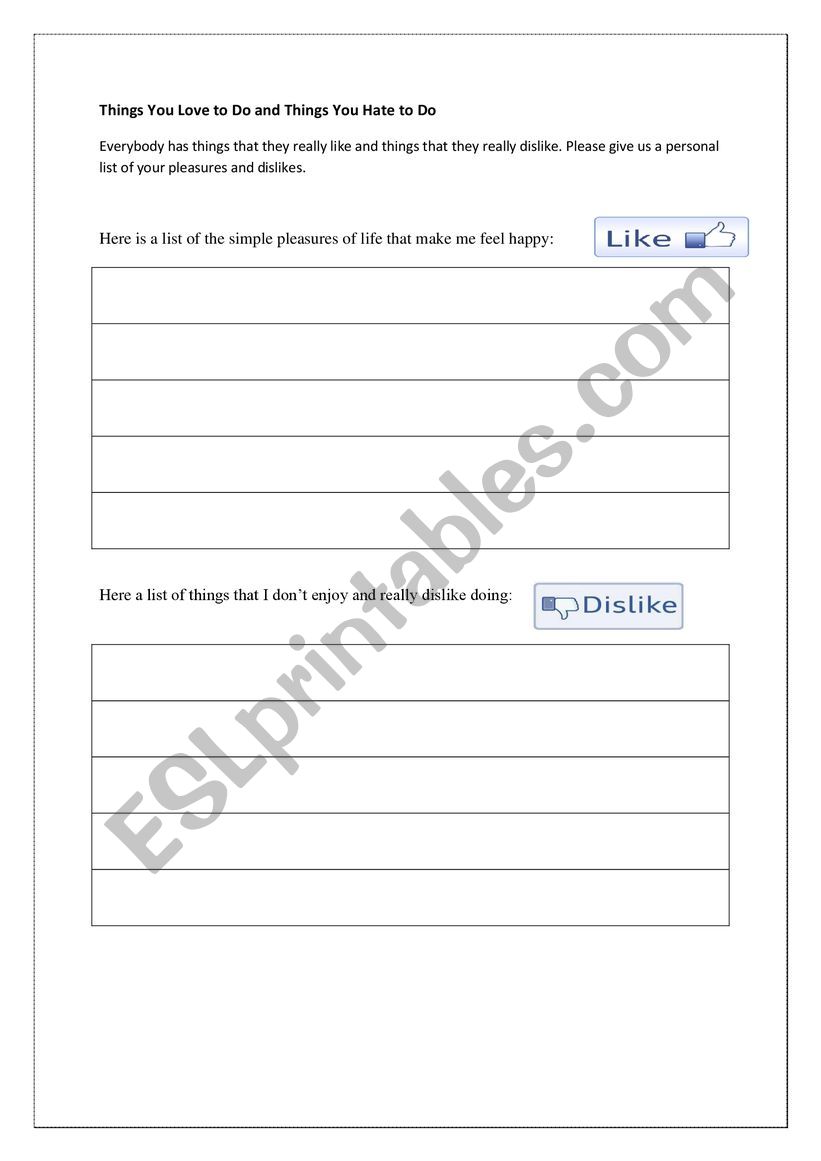 Likes and Dislikes worksheet