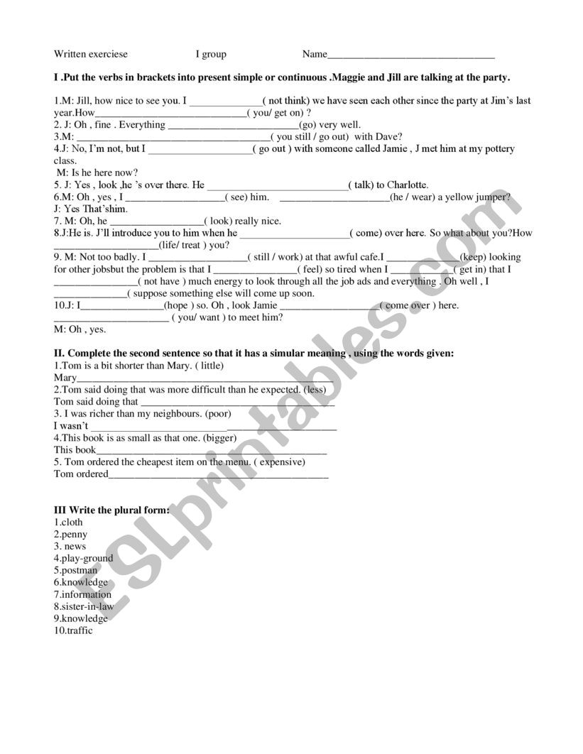 Present simple -Present Progressive, Comparison of adjectives and synonyms