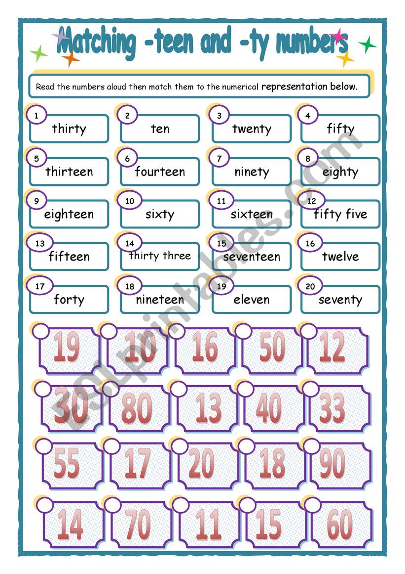 -teen and -ty numbers worksheet