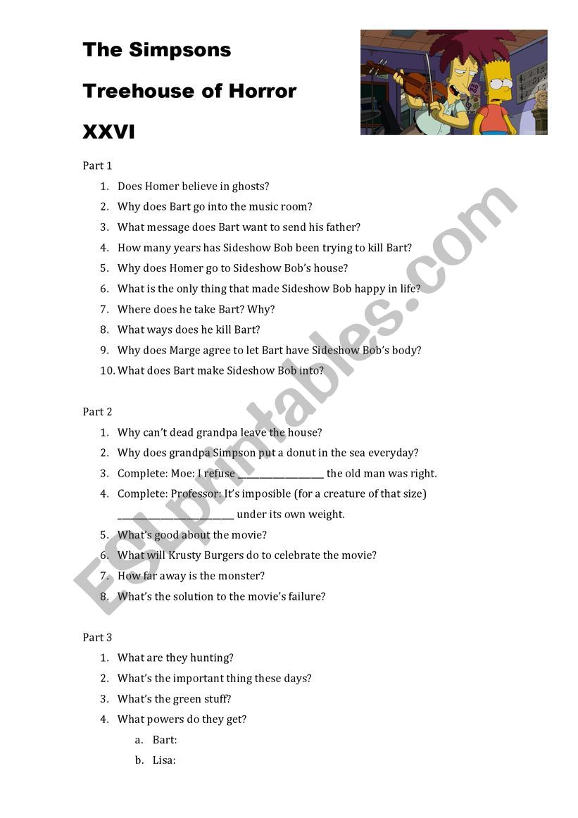 simpsons treehouse of horror XXVI worksheet