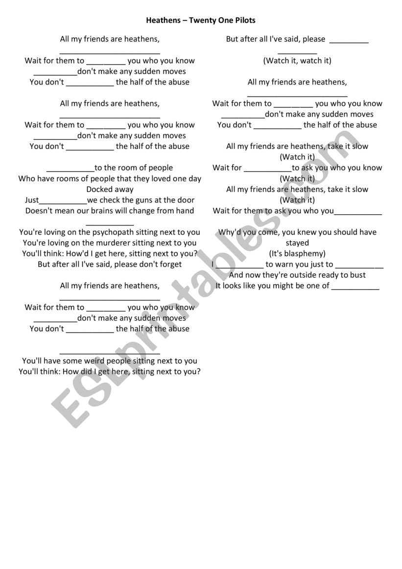 HEATHES SONG worksheet