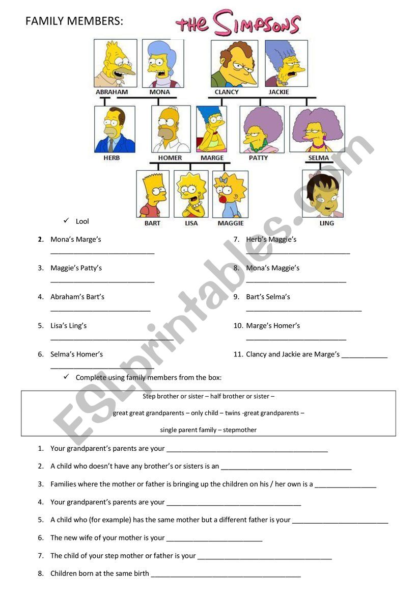 Family members worksheet