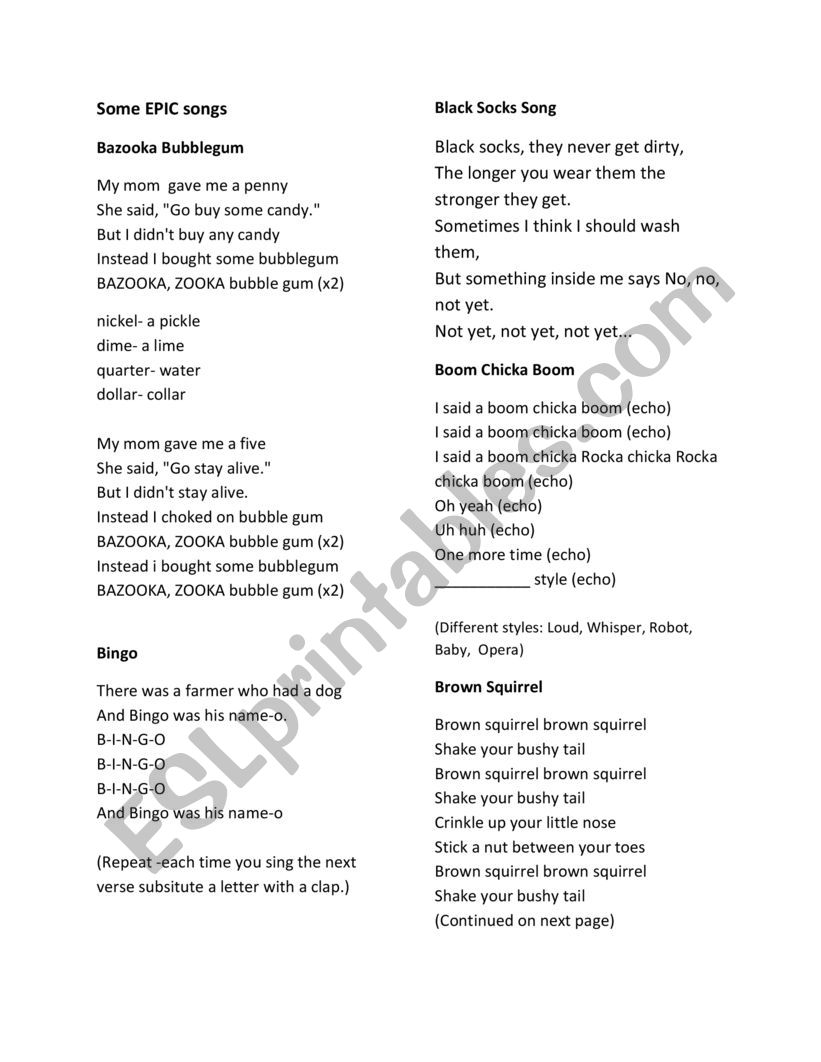 EPIC SONGS for kids ESL worksheet