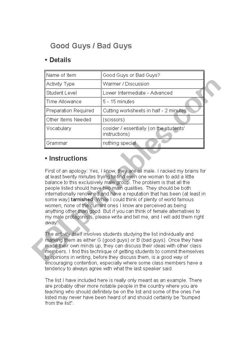 Good Guys v Bad Guys worksheet