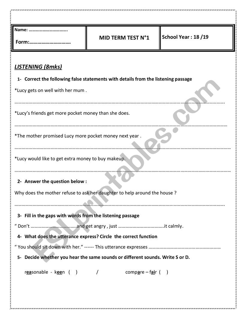 MID TERM TEST 1 (First Form)  worksheet