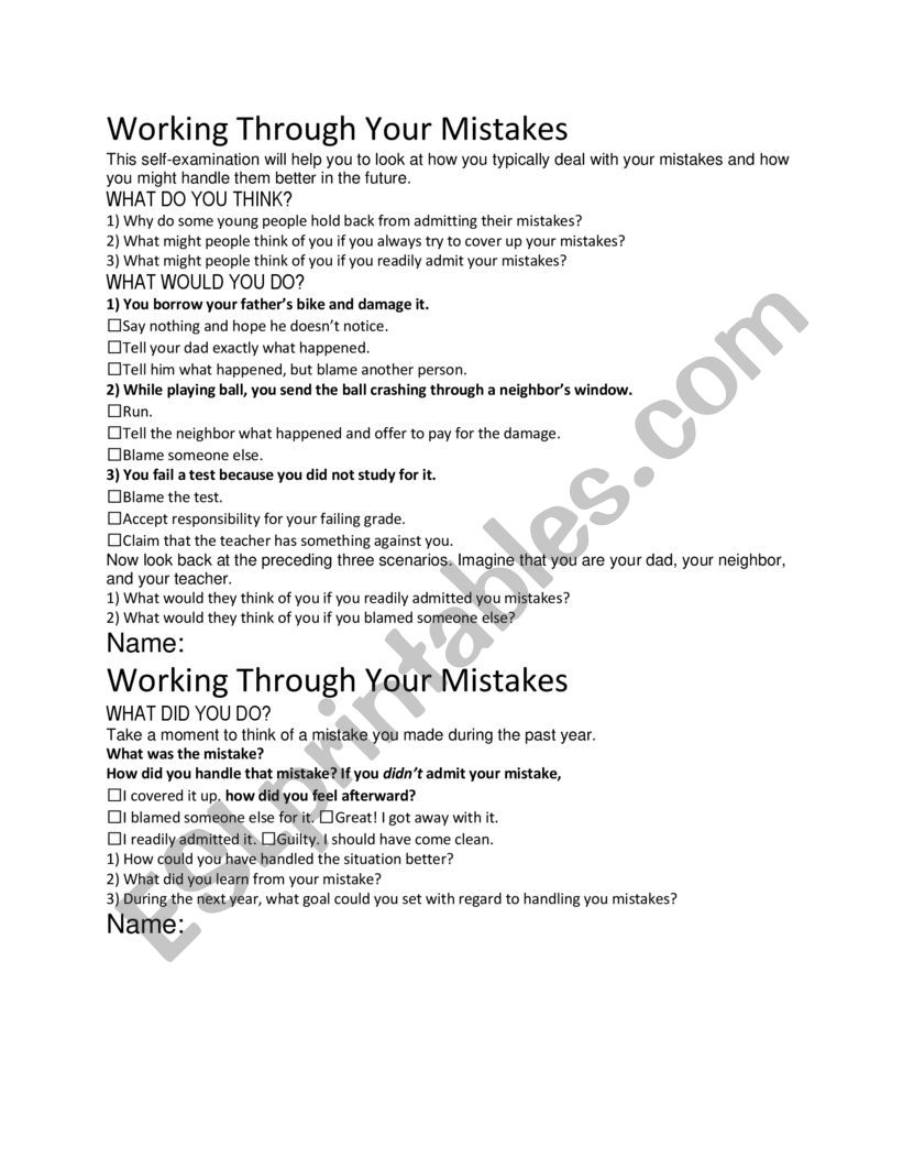 Working Through Mistakes worksheet