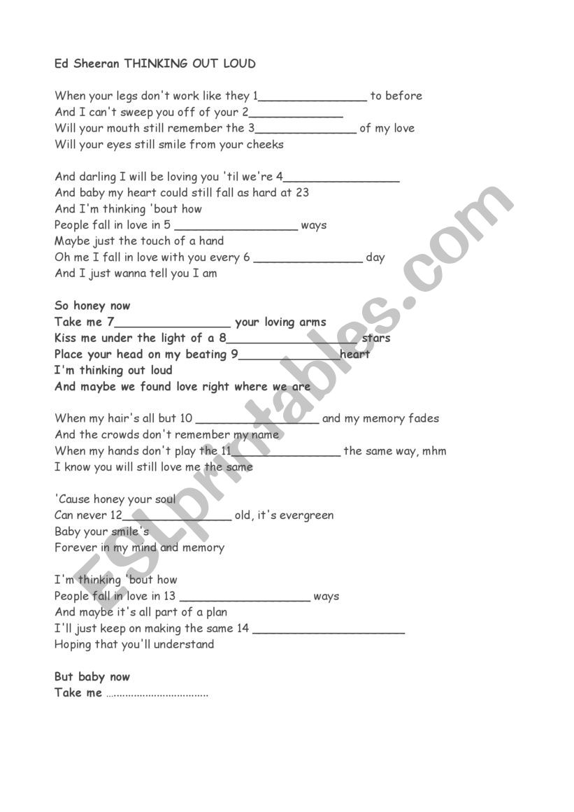 Ed Sheeran Thinking Out Loud worksheet