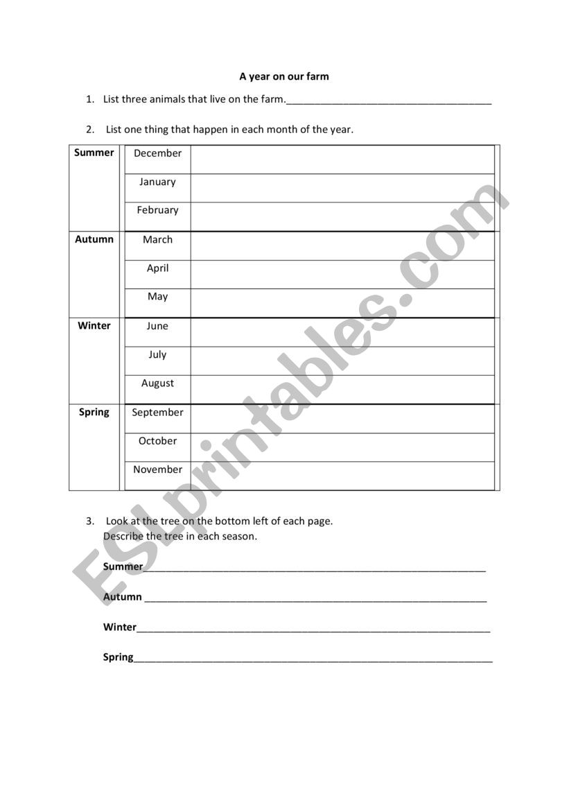 A year on our farm worksheet worksheet