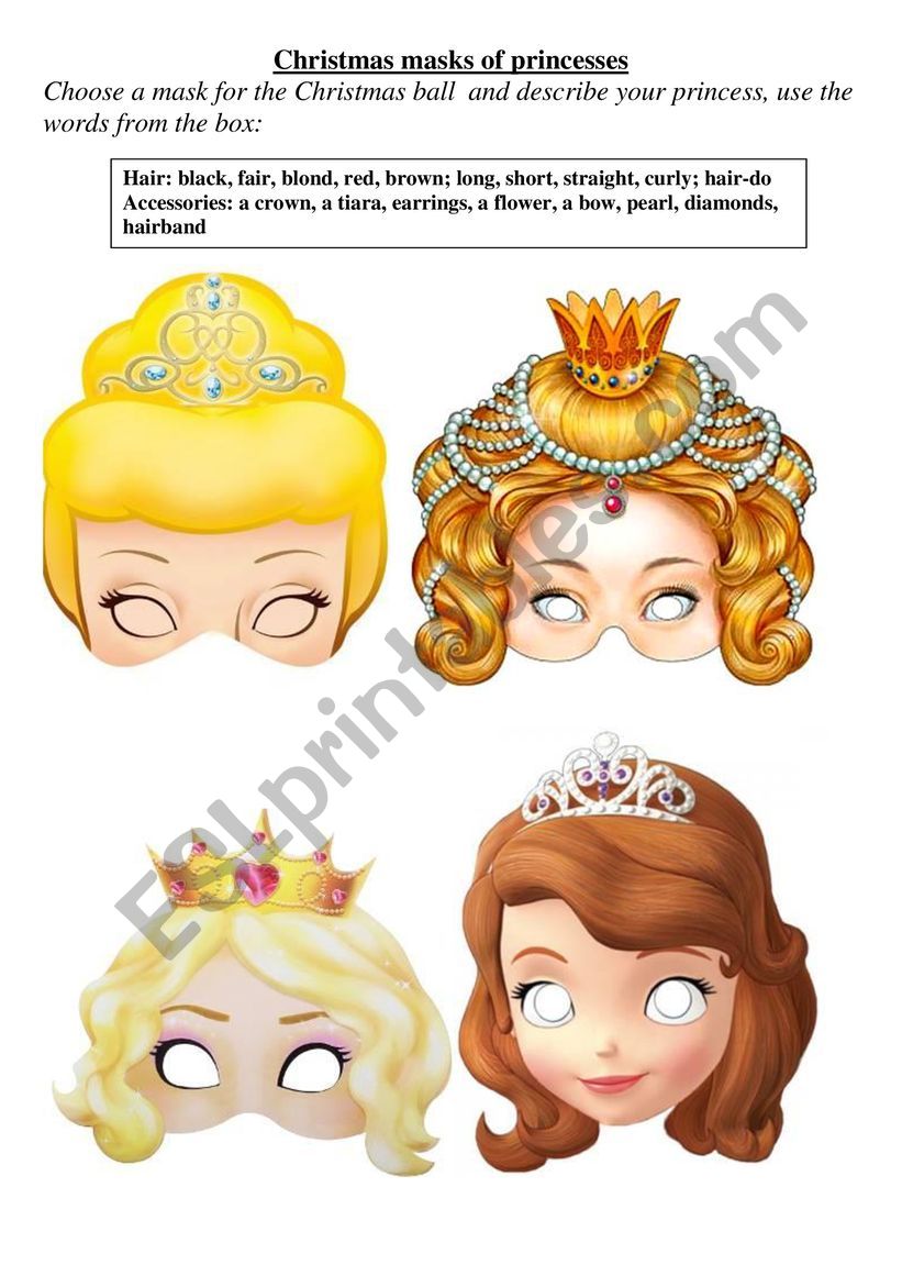 Christmas masks of princesses worksheet