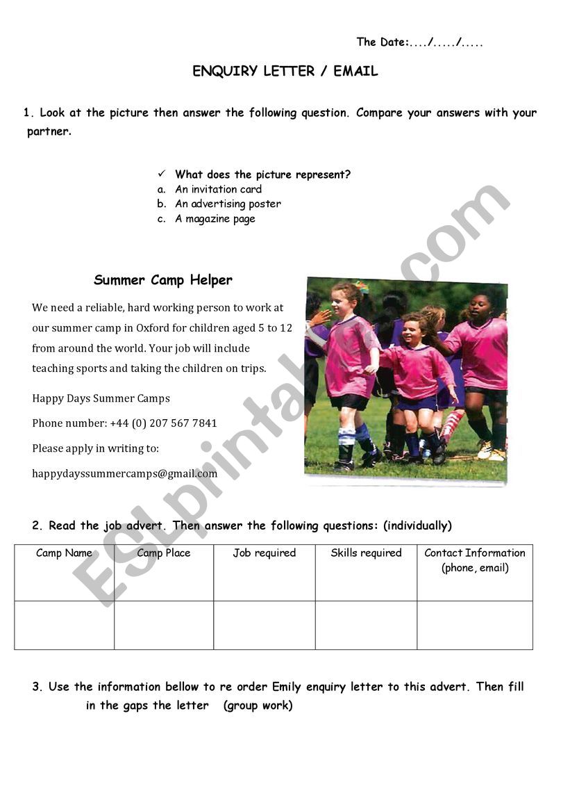 enquiry letter worksheet