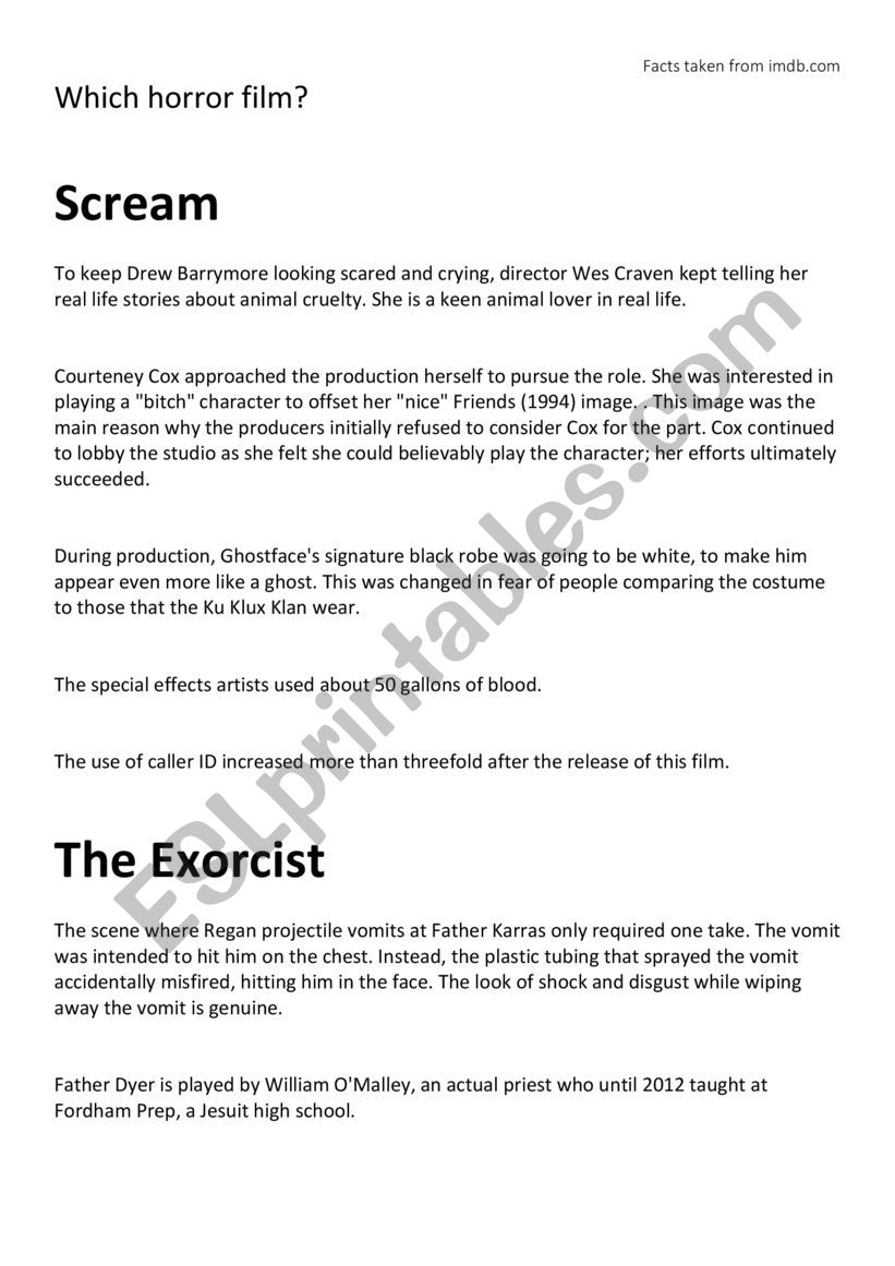 Which horror film? worksheet