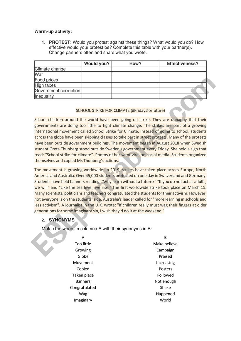 Fridays for future worksheet