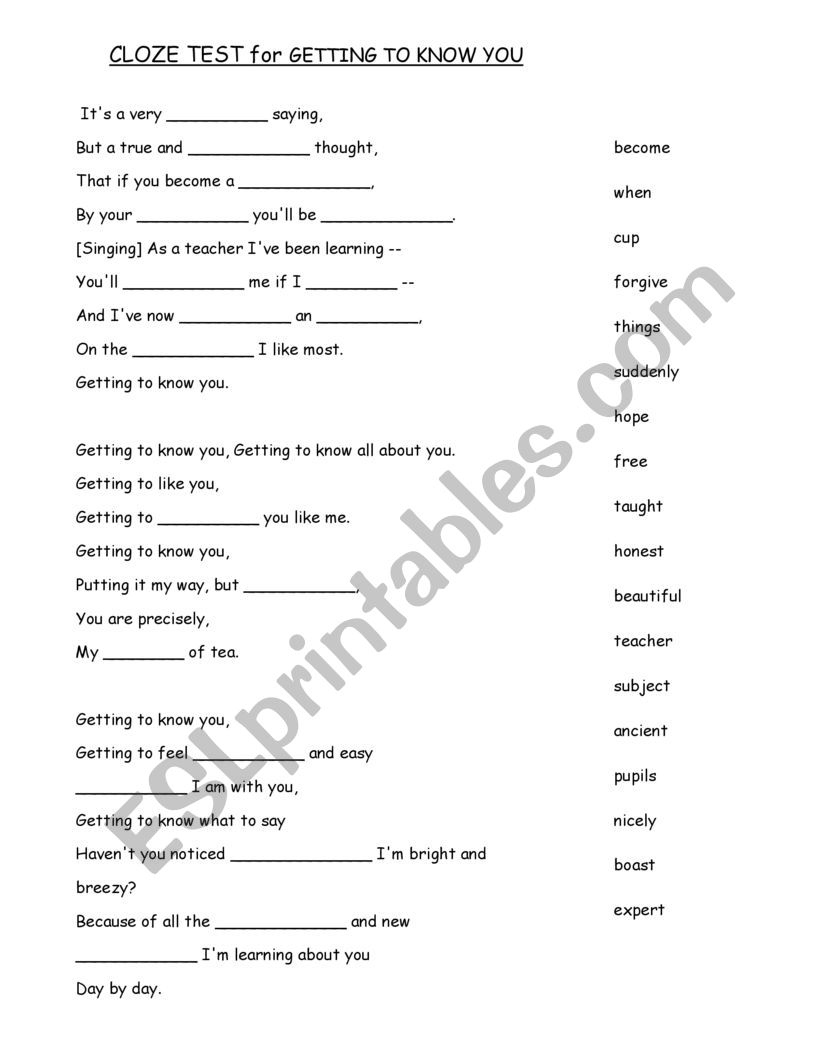 GETTING TO KNOW YOU worksheet