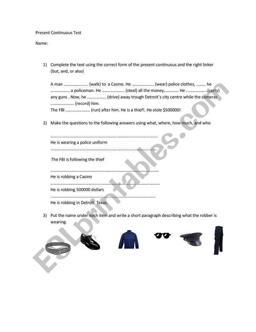 Present Continuous test worksheet