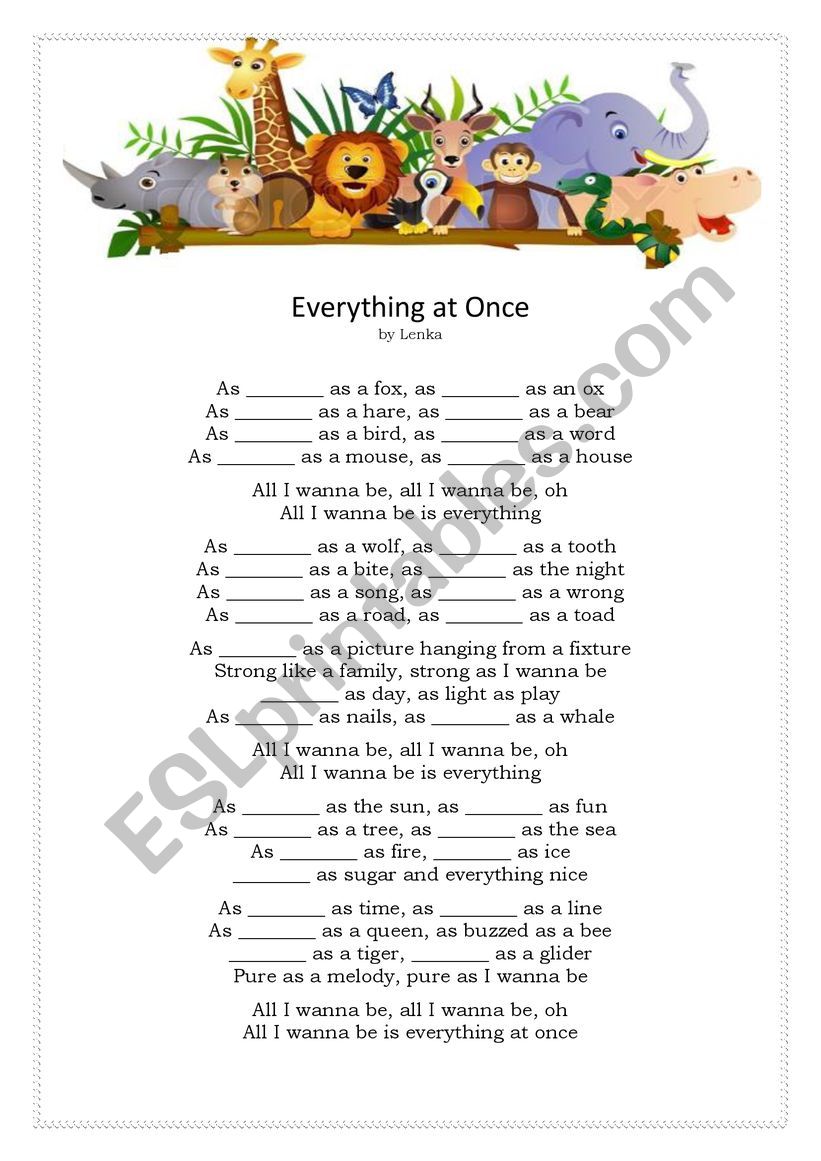 Everything at once by Lenka worksheet