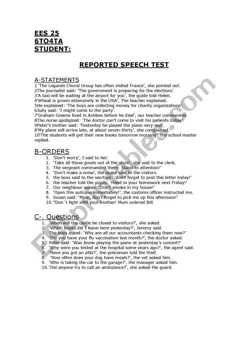 test worksheet