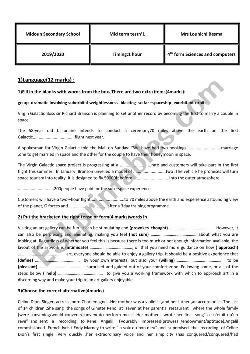 mid term test n1 4th form  worksheet