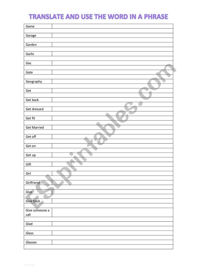 A2 Vocabulary chart (G) worksheet
