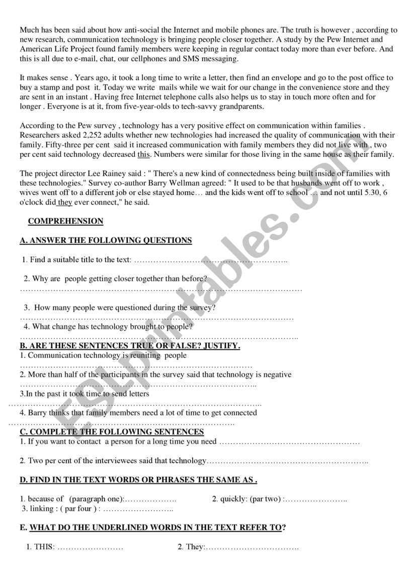 comprehension worksheet