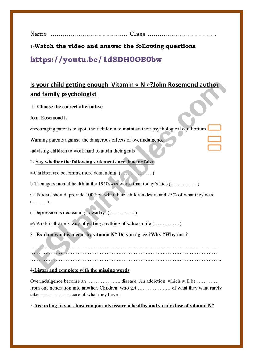 Vitamin N worksheet