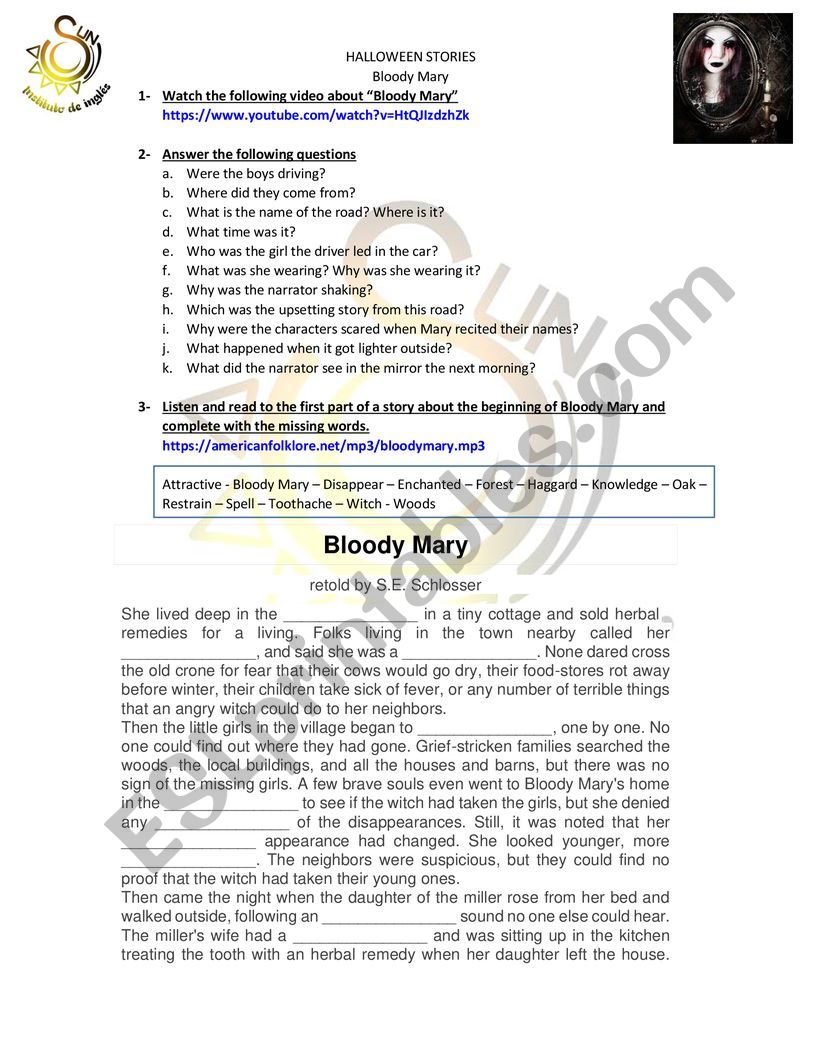 Halloween Story - Bloody Mary worksheet