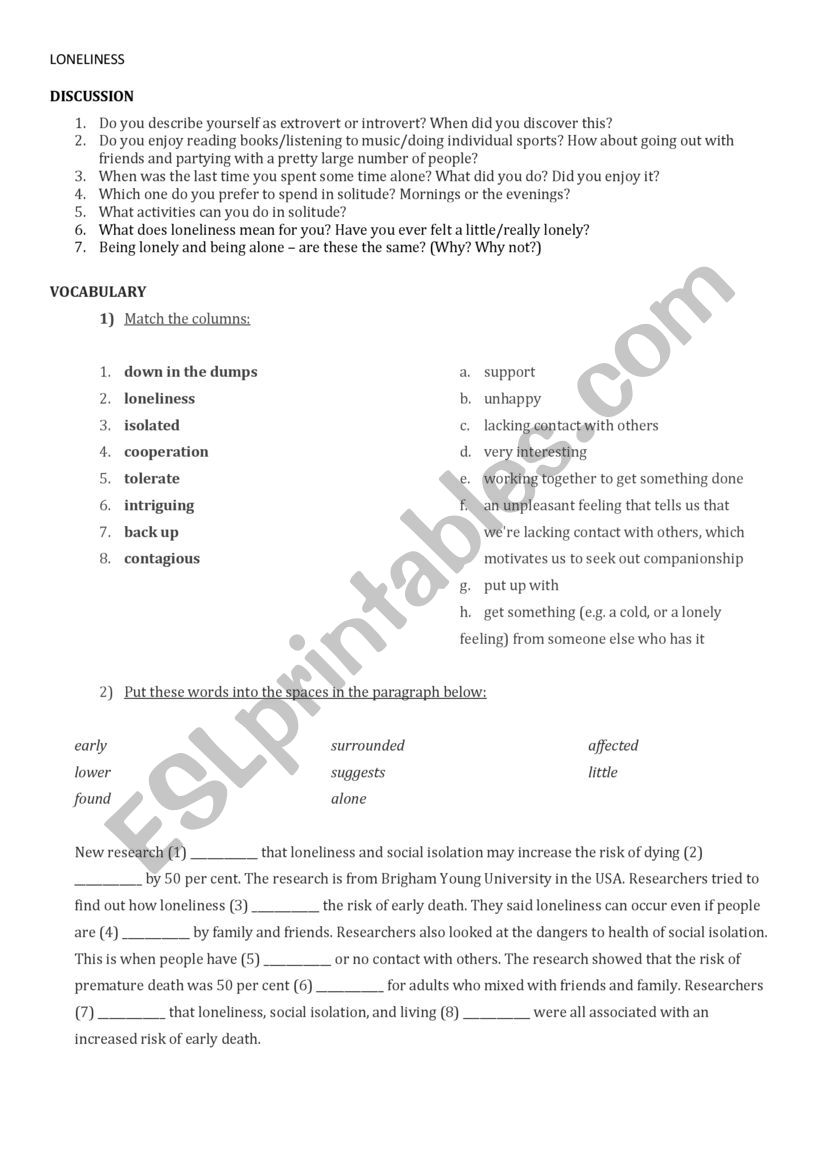 Loneliness worksheet