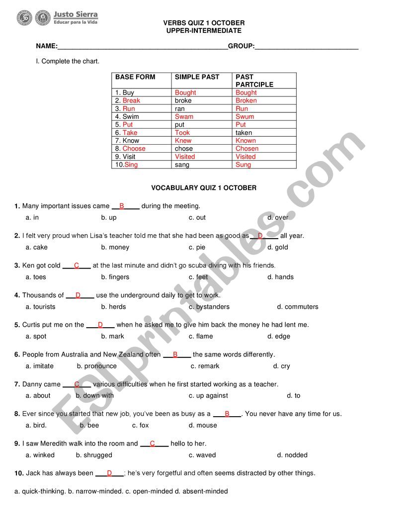 Vocabulary test worksheet Vocabulary test worksheet